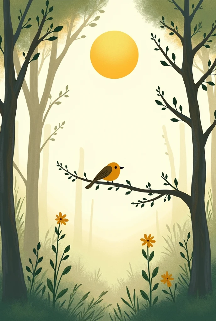 Stick drawing style:A peaceful forest，In the center is a bird standing on a branch，A gentle breeze blows the leaves，There is a gentle sun hanging in the sky，The whole picture is full of childishness and soft lines。

