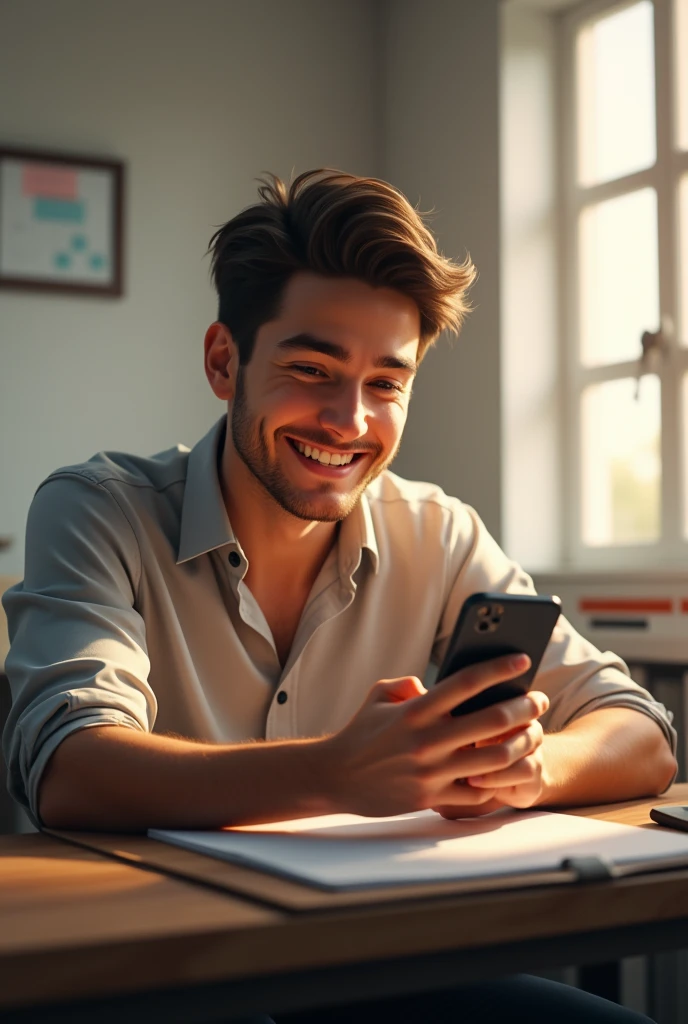 Happy young man looks at his cell phone sitting at a desk