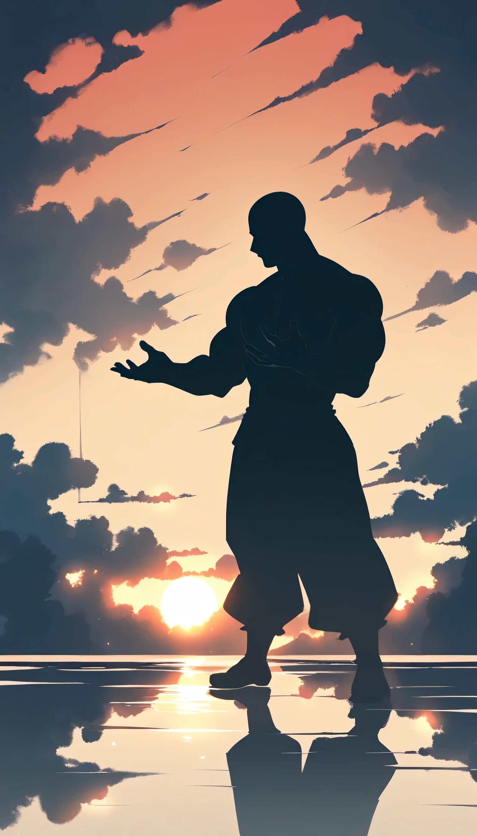 A Strong Buddhist muscular man stands in the smoke, Black jumpsuit, Very tight, Silhouette effect, Tall muscular man, Priapus, Dark Black, Dark black skin, Buzz Cut, His muscles are very developed, Very tall, short hair, Blend into the smoke, Lake, Reflection, Sunset, Sunset, Man silhouette, Chinese, black and white, Simple style