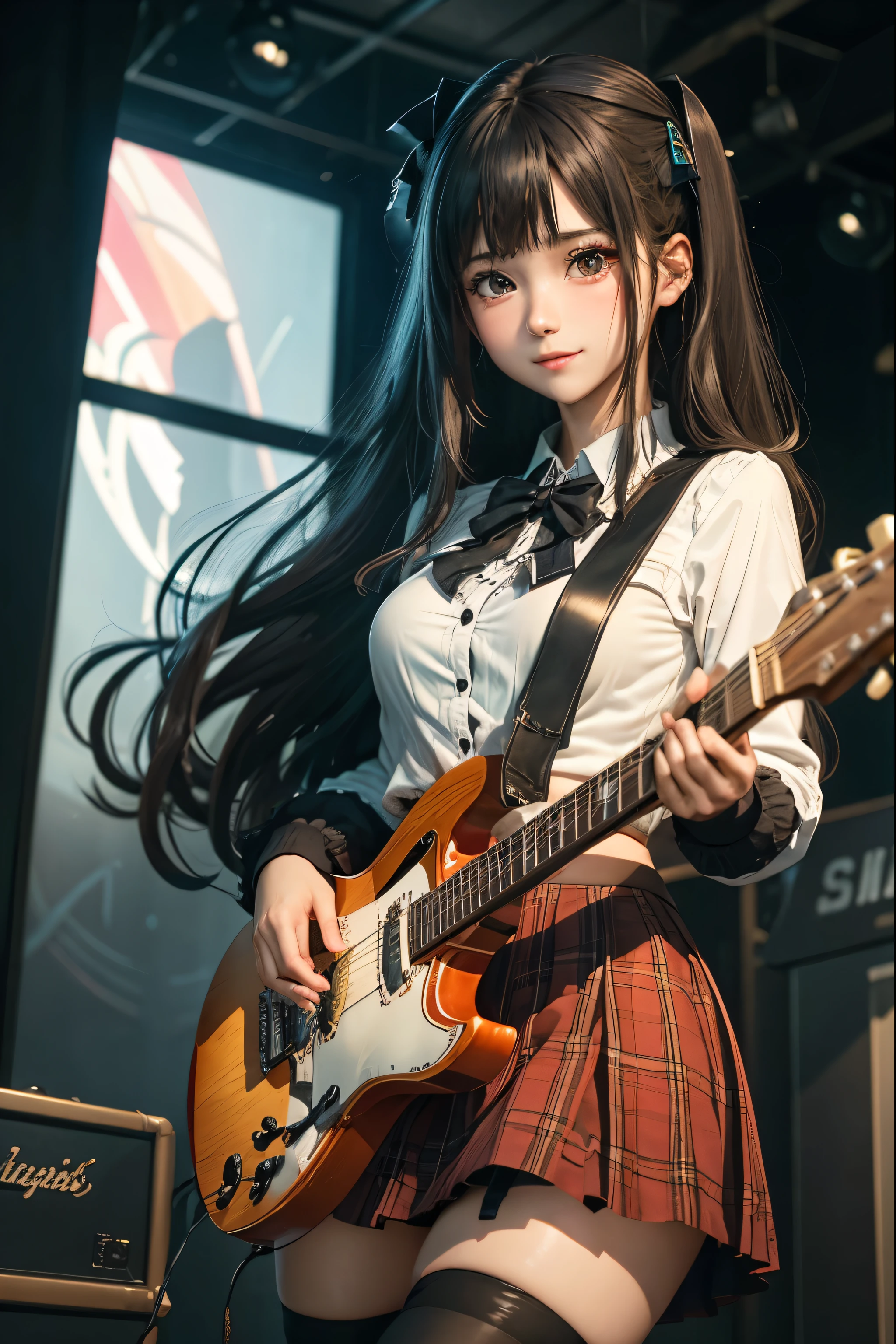 High school girl blazer、uniform、Red checked knee-length skirt、Long skirt、JK Style、Jacket、smile、Knee-high socks、Thigh-high socks、pantyhose、Extremely beautiful、Super cute、ennui、Rare Beauty、Dark black eyeshadow、sad、Skin radiance、Long Hair Straight Hair、Dark Gothic Makeup、Dark Smile、Fragrant beauty、Stained glass background、masterpiece、Highest quality、See 5 books、Sweat glistening on my chest、Sweat glistening on the face、Small breasts、2、Slightly slim、Mysterious look、Sad look、Mysterious Gothic Church、enchanting castle、Excessive sweating all over the body、Sweat dripping down thighs, shining in the light、Shiny thighs、Thighs、Sweat on thighs, shining brightly、sweat profusely、gal、Small breasts、Japanese face、Captivating look、Thin Thighs、play the guitar、I have a guitar、Enthusiastic singing、play the guitar in a band、Playing guitar chords、Background of the live music venue、Sing a song、Open your mouth、Scenery of a live music venue、Mike stand、Glamorous live stage、Dynamic Angles、Vivid straight long hair、delicate straight hair、Extremely fair skin、