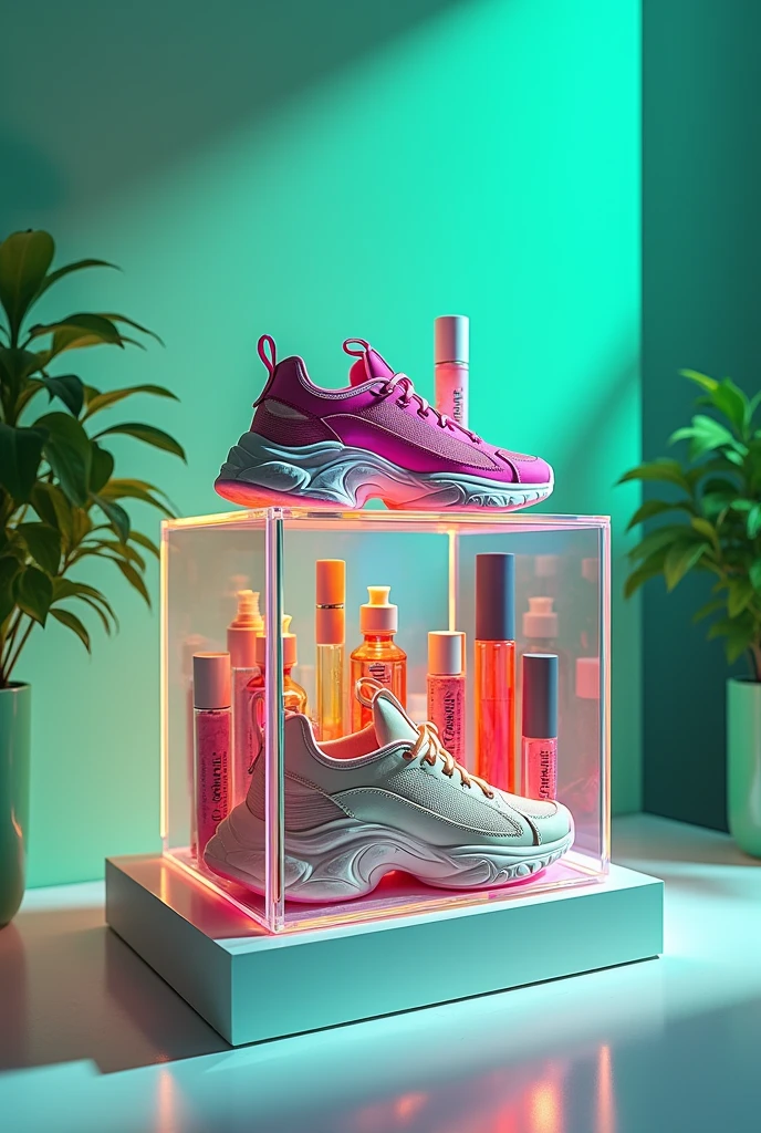 Clear iridescent cube full of
colorful recognizable objects
such as Balenciaga sneakers
makeup. Studio
photography, e-comm, some
green accent color, 4k, solid
color background! table top
photography! realistic!