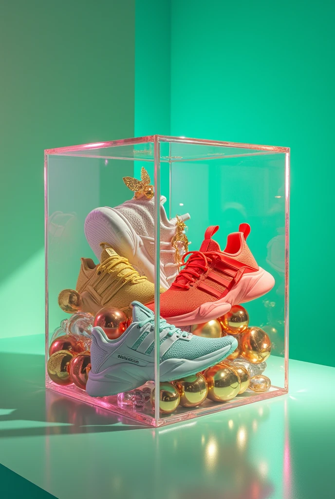 Clear iridescent cube full of
colorful recognizable objects
such as Balenciaga sneakers
makeup. Studio
photography, e-comm, some
green accent color, 4k, solid
color background! table top
photography! realistic!