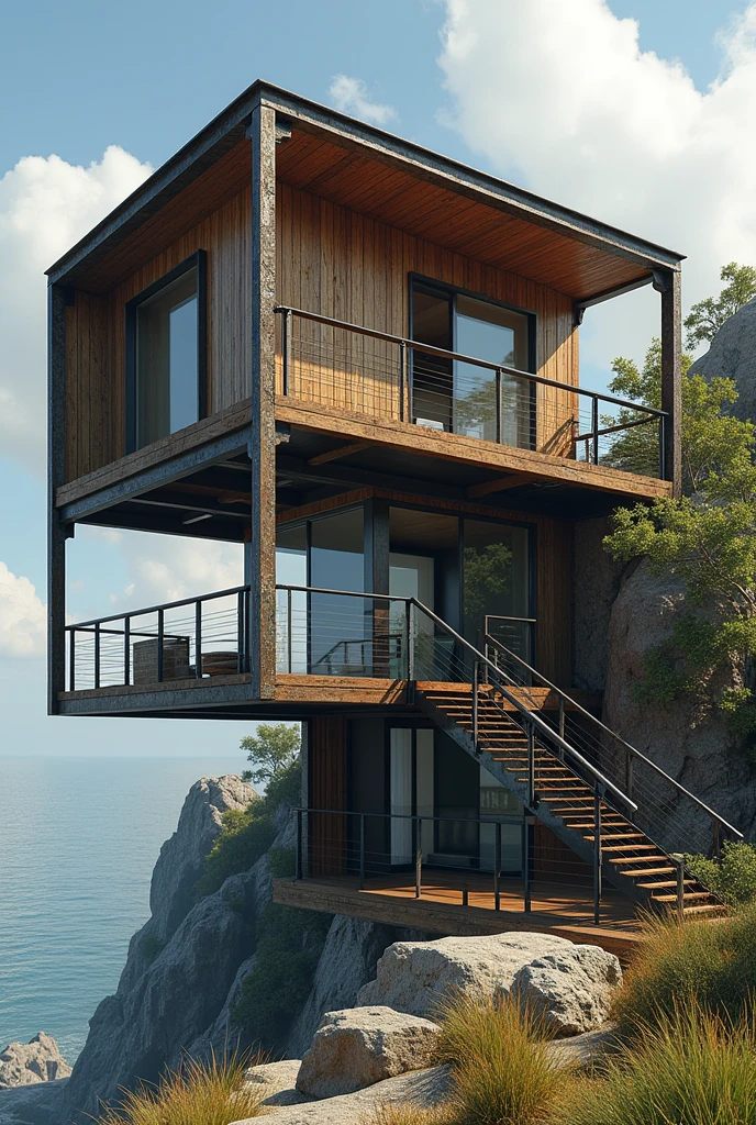 Cantilevered terrace made of iron and wood with stairs leading to the bathrooms which are below the terrace

