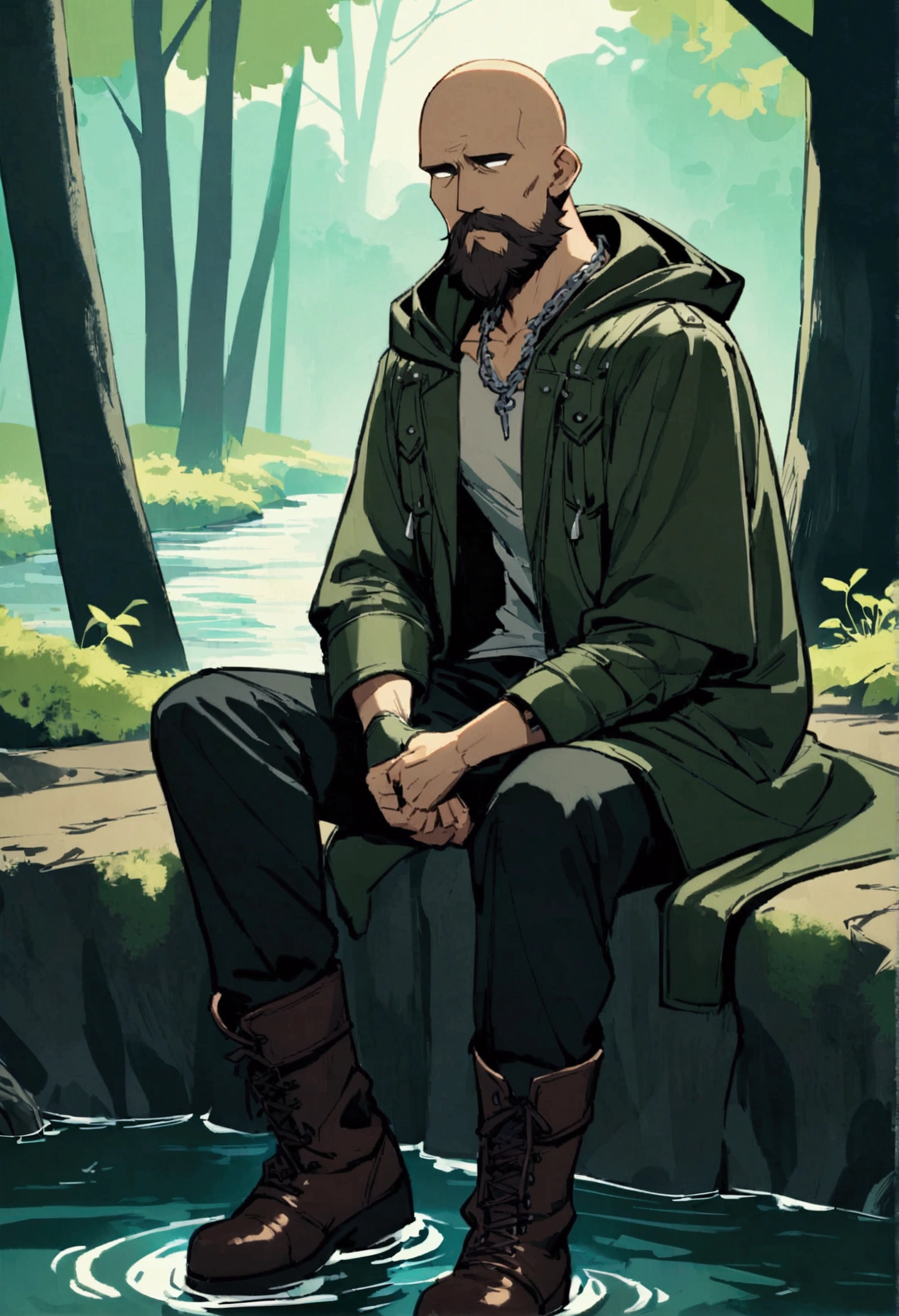 man, bald, dark brown beard, dark green long jacket, black pants, boots, no shirt, nothing underneath jacket, fingerless gloves, hooded, hood on, shadow coverings eyes, hands in jacket pockets, neck silver chain, thick beard, leather long jacket, short, skinny, sitting near river, in forest,