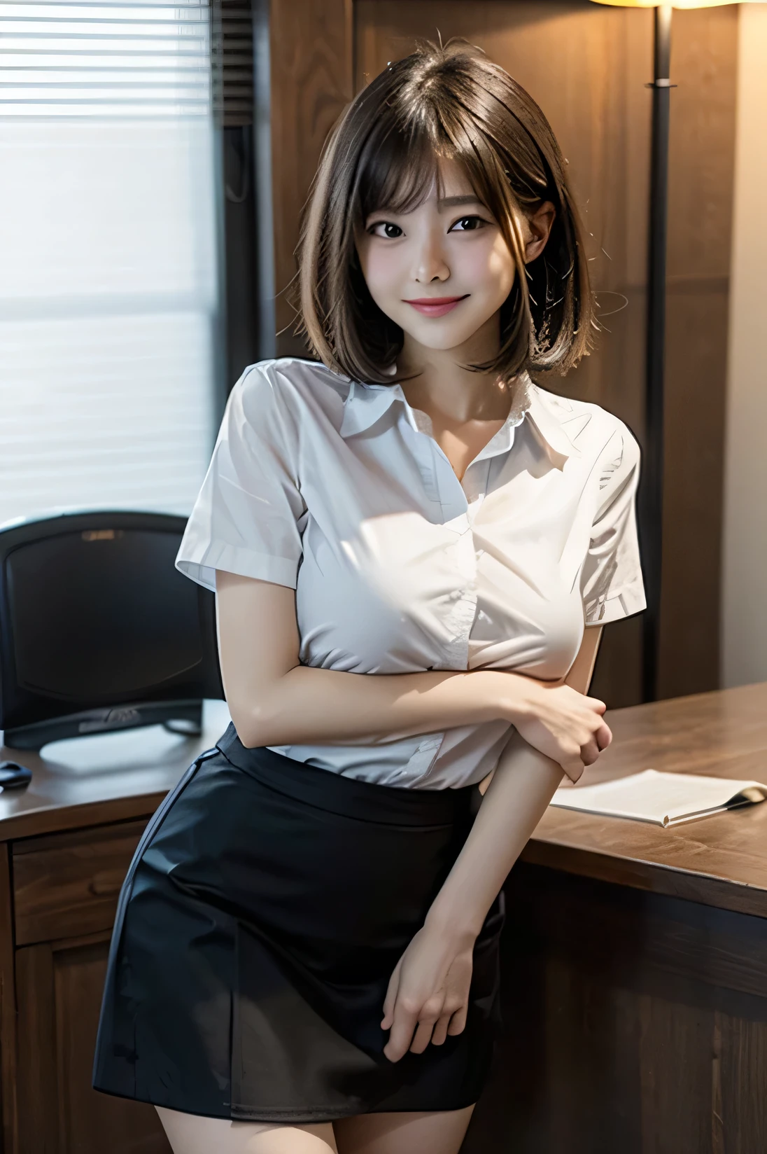 cowboy shot, masterpiece, top quality, high resolution, HDR, 8k, very beautiful Japanese girl in casual office shirt, black skirt, short hair, black hair, bangs, ((big breasts)), concentrated face, smile, happy, random pose, perfect