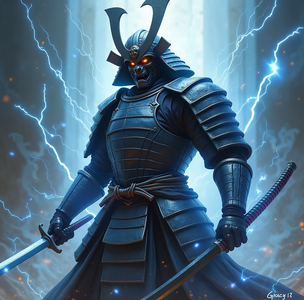 Pour créer l'image réaliste comme une photographie, imaginez un guerrier, vêtu d'une armure de samouraï brillante, une casque démoniaque qui raconte son passé. Il tien un katana japonai dans une posture offensive. Autour de lui, de l'électricité enveloppe son corps qui accentuent sa présence unique et puissante. L'arrière-plan contient son nom " Grey " en lettre gothique, dans un univers chaotique. Cette composition évoque à la fois la force et la singularité de ce personnage fascinant.