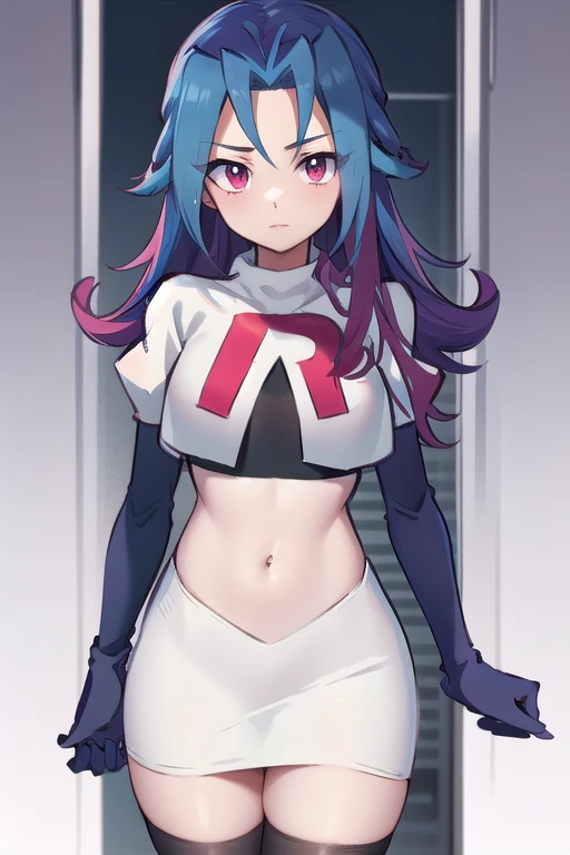 masterpiece, best quality, highres, kr1, multicolored hair, dyed bangs, team rocket,team rocket uniform,white skirt,red letter R,crop top,black thigh-highs,black elbow gloves, cowboy shot,