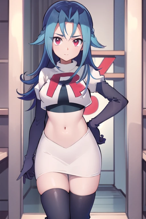 masterpiece, best quality, highres, kr1, multicolored hair, dyed bangs, team rocket,team rocket uniform,white skirt,red letter R,crop top,black thigh-highs,black elbow gloves, cowboy shot,