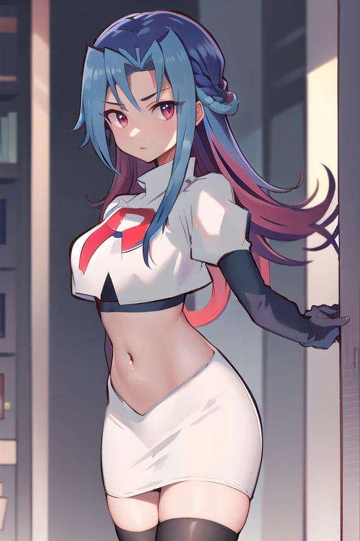 masterpiece, best quality, highres, kr1, multicolored hair, dyed bangs, team rocket,team rocket uniform,white skirt,red letter R,crop top,black thigh-highs,black elbow gloves, cowboy shot,