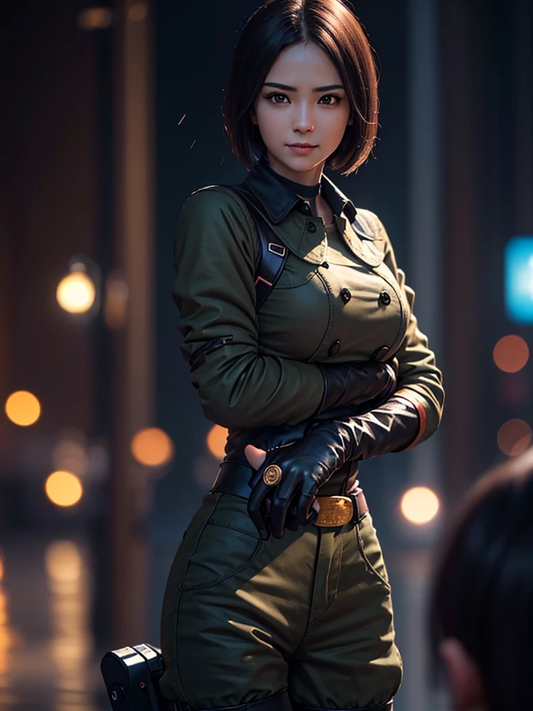 (at night), in a video game scene in the background of a beautiful city at night, raining, alone, standing looking straight ahead, military green women's clothing, military pants, black gloves, semi-short hair , ((semi-short hair)), 1 girl, 30 years old, young woman, perfect hands, Beautiful fingers, Beautiful long legs, Beautiful body, Beautiful nose, Beautiful character design, perfect face, looking straight at the viewer with a serious gesture and very upset, she has a black whip clutched in her hand (focusing on her face), mouth closed, light_smile, official art, extremely detailed CG unity 8k wallpaper, perfect lighting, bright and colorful front lighting, shiny skin ( masterpiece: 1.0), (Best_quality: 1.0), ultra High resolution, 4k, ultra detailed photography, 8K, hdr, High resolution, Nonsense:1.2, Kodak portrait 400, film grain, Blurred background, bokeh:1.2, Flare lens, (vibrant_color:1.2), professional photography, (Beautiful, breasts: 1.4), (Beautiful_face: 1.5), (narrow waist),
