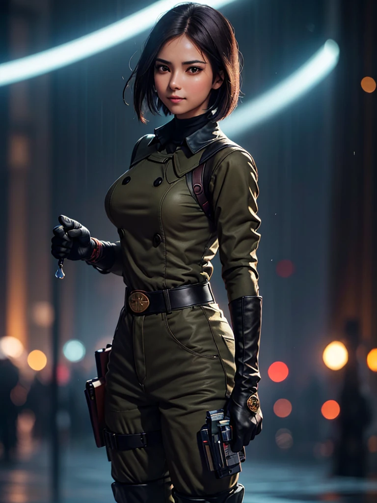 (at night), in a video game scene in the background of a beautiful city at night, raining, alone, standing looking straight ahead, military green women's clothing, military pants, black gloves, semi-short hair , ((semi-short hair)), 1 girl, 30 years old, young woman, perfect hands, Beautiful fingers, Beautiful long legs, Beautiful body, Beautiful nose, Beautiful character design, perfect face, looking straight at the viewer with a serious gesture and very upset, she has a black whip clutched in her hand (focusing on her face), mouth closed, light_smile, official art, extremely detailed CG unity 8k wallpaper, perfect lighting, bright and colorful front lighting, shiny skin ( masterpiece: 1.0), (Best_quality: 1.0), ultra High resolution, 4k, ultra detailed photography, 8K, hdr, High resolution, Nonsense:1.2, Kodak portrait 400, film grain, Blurred background, bokeh:1.2, Flare lens, (vibrant_color:1.2), professional photography, (Beautiful, breasts: 1.4), (Beautiful_face: 1.5), (narrow waist),