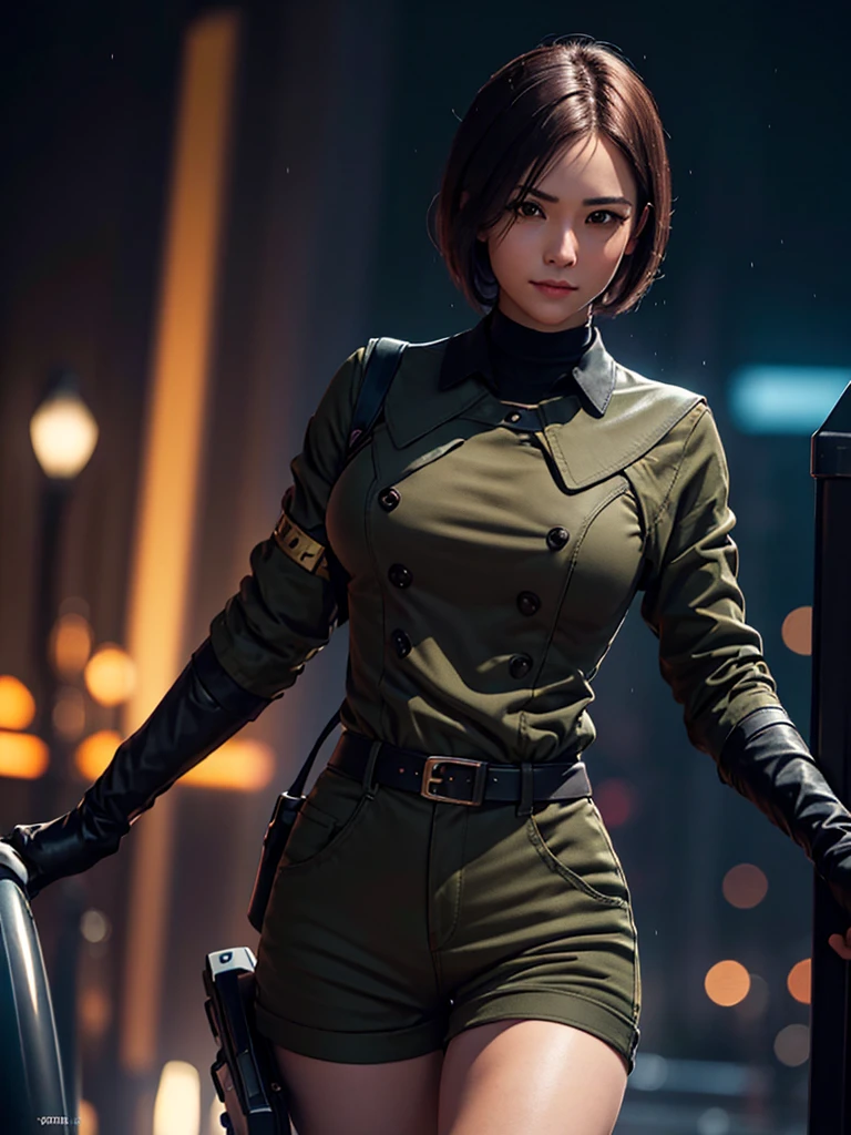 (at night), in a video game scene in the background of a beautiful city at night, raining, alone, standing looking straight ahead, military green women's clothing, military pants, black gloves, semi-short hair , ((semi-short hair)), 1 girl, 30 years old, young woman, perfect hands, Beautiful fingers, Beautiful long legs, Beautiful body, Beautiful nose, Beautiful character design, perfect face, looking straight at the viewer with a serious gesture and very upset, she has a black whip clutched in her hand (focusing on her face), mouth closed, light_smile, official art, extremely detailed CG unity 8k wallpaper, perfect lighting, bright and colorful front lighting, shiny skin ( masterpiece: 1.0), (Best_quality: 1.0), ultra High resolution, 4k, ultra detailed photography, 8K, hdr, High resolution, Nonsense:1.2, Kodak portrait 400, film grain, Blurred background, bokeh:1.2, Flare lens, (vibrant_color:1.2), professional photography, (Beautiful, breasts: 1.4), (Beautiful_face: 1.5), (narrow waist),