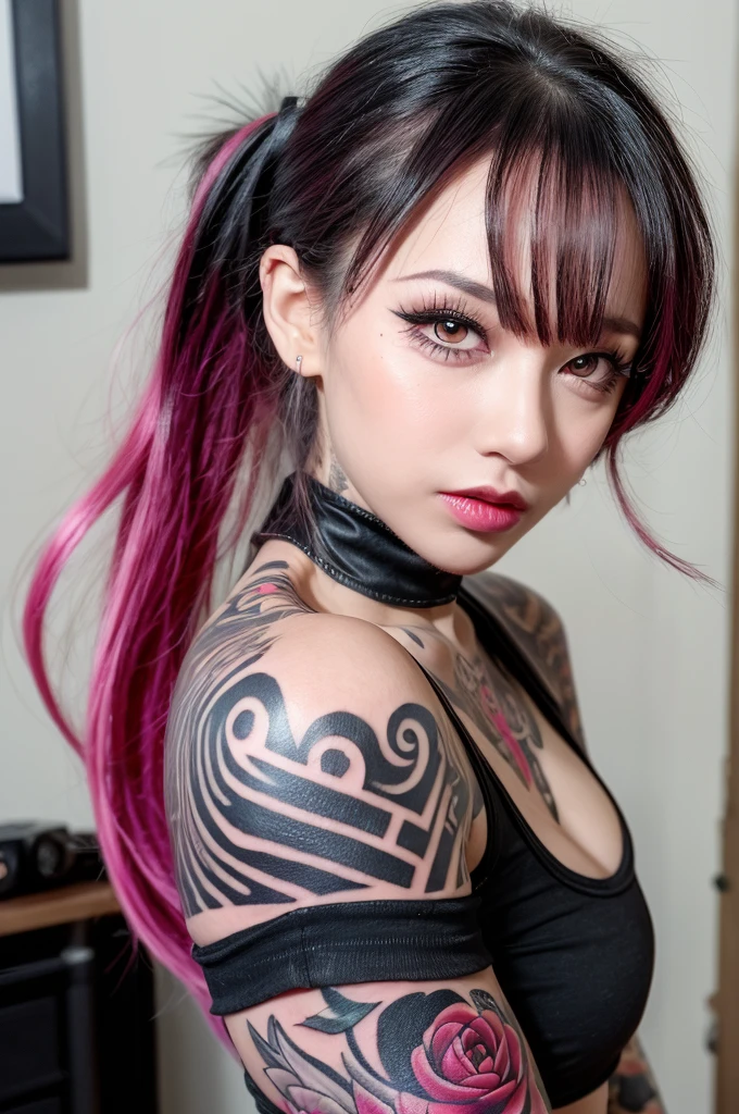 masterpiece, 1girl, beautiful, tattoos, covered in tattoos, tattoos covering body, body being covered in tattoos, arm tattoos, neck tattoos, face tattoos, tattoos on arms, tattoos on neck, punk, bedroom, crop top, off the shoulder, bedroom, mascara, eyeliner, smoky eyes, smokey eyes, evil, pink hair side ponytail with bangs