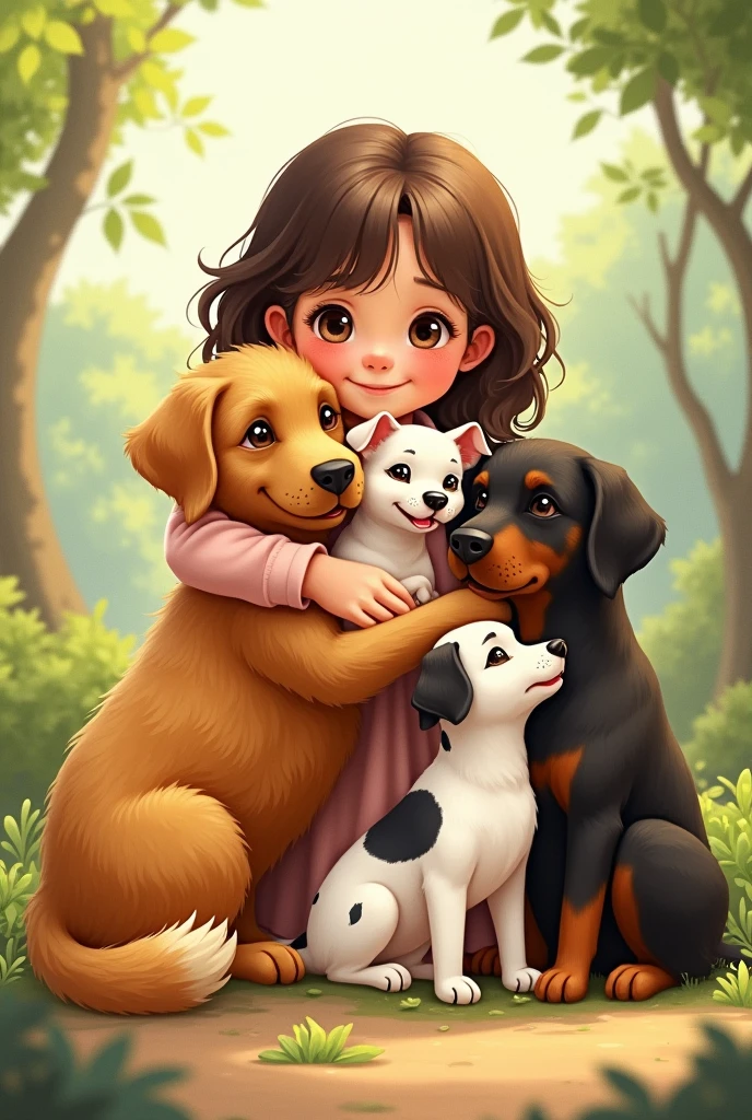 An illustration of a girl hugging four dogs, I will give you the order of the size of the dogs and their characteristics.
1 The first dog is the biggest and is a hairy honey color, Golden retriever breed 2 The second dog is a little smaller than the big one, it is a small dark brown color, German Shepherd 3 The third dog is dark brown, a stray dog with floppy ears 4 The fourth dog is the smallest, with Chinese fur is white with black spots
