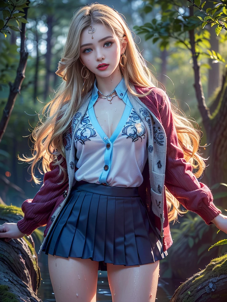 (((masterpiece, best quality))),(((high quality))),(((high resolution illustration))),(((hyper detail))),(((NSFW))),(((Wordsworth's Sharon))),(((Very beautiful long blonde hair))),(((Very beautiful face))), ((((Detailed face)))),(((very beautiful blue eyes))),(((Realistic Skin))),(((her face is flushed))),(((slim body))),(((slim thighs))),(((small breasts))),(((very beautiful slender legs))),(((school uniform, blazer, cardigan, Red jacket, long sleeves,Black pleated skirt, Blue shirt with very detailed and intricate decoration))),(((beautiful earrings))),(((beautiful hair ornaments))),(((in the old dark deep forest:1.2))),(((late at night:1.4))),(((wet her skin))),(looks like about to climax:1.5))),(((standing)))