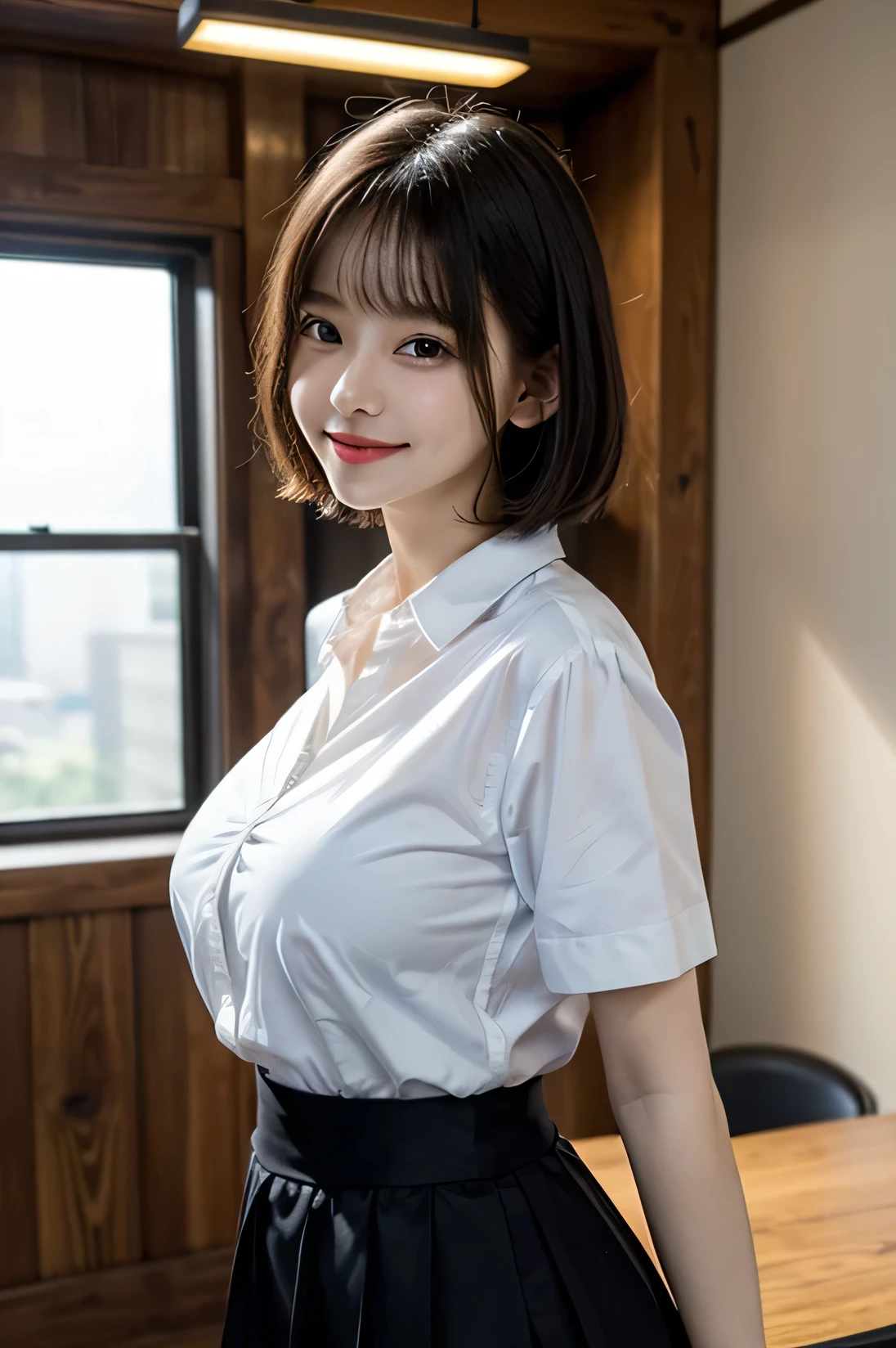 cowboy shot, masterpiece, top quality, high resolution, HDR, 8k, very beautiful Japanese girl in casual office shirt, black skirt, short hair, black hair, bangs, ((big breasts)), concentrated face, smile, happy, random pose, perfect