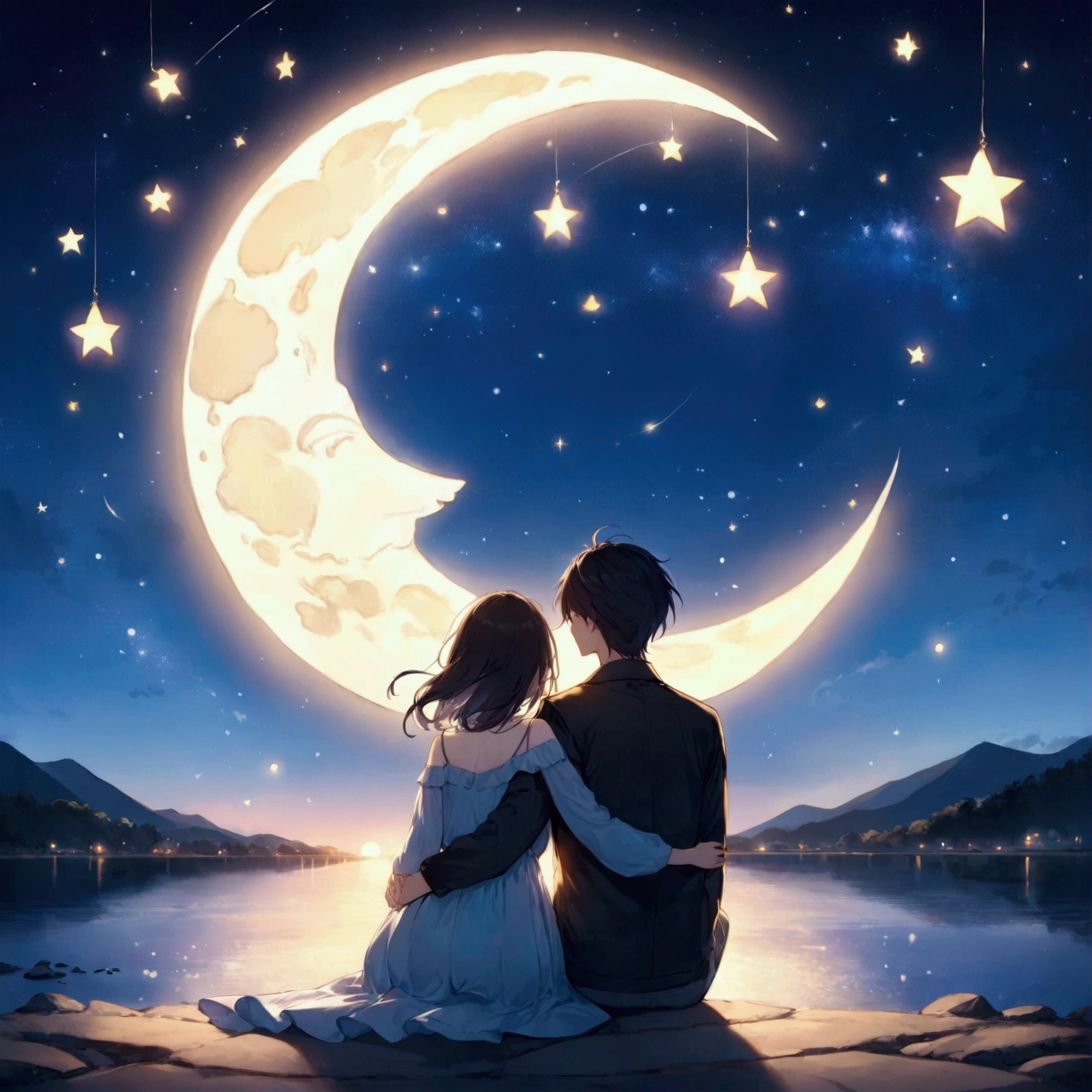 Sit on the moon、Sit shoulder to shoulder、next、Hold hands、Get along、and、8k、Night Sky、Luminous crescent moon、Get along手をつないで座っている、Night Skyの星、firefly、Couple、Back view、Sparkle of the Stars、
