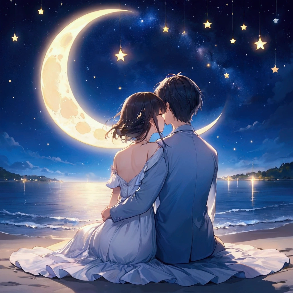 Sit on the moon、Sit shoulder to shoulder、next、Hold hands、Get along、and、8k、Night Sky、Luminous crescent moon、Get along手をつないで座っている、Night Skyの星、firefly、Couple、Back view、Sparkle of the Stars、
