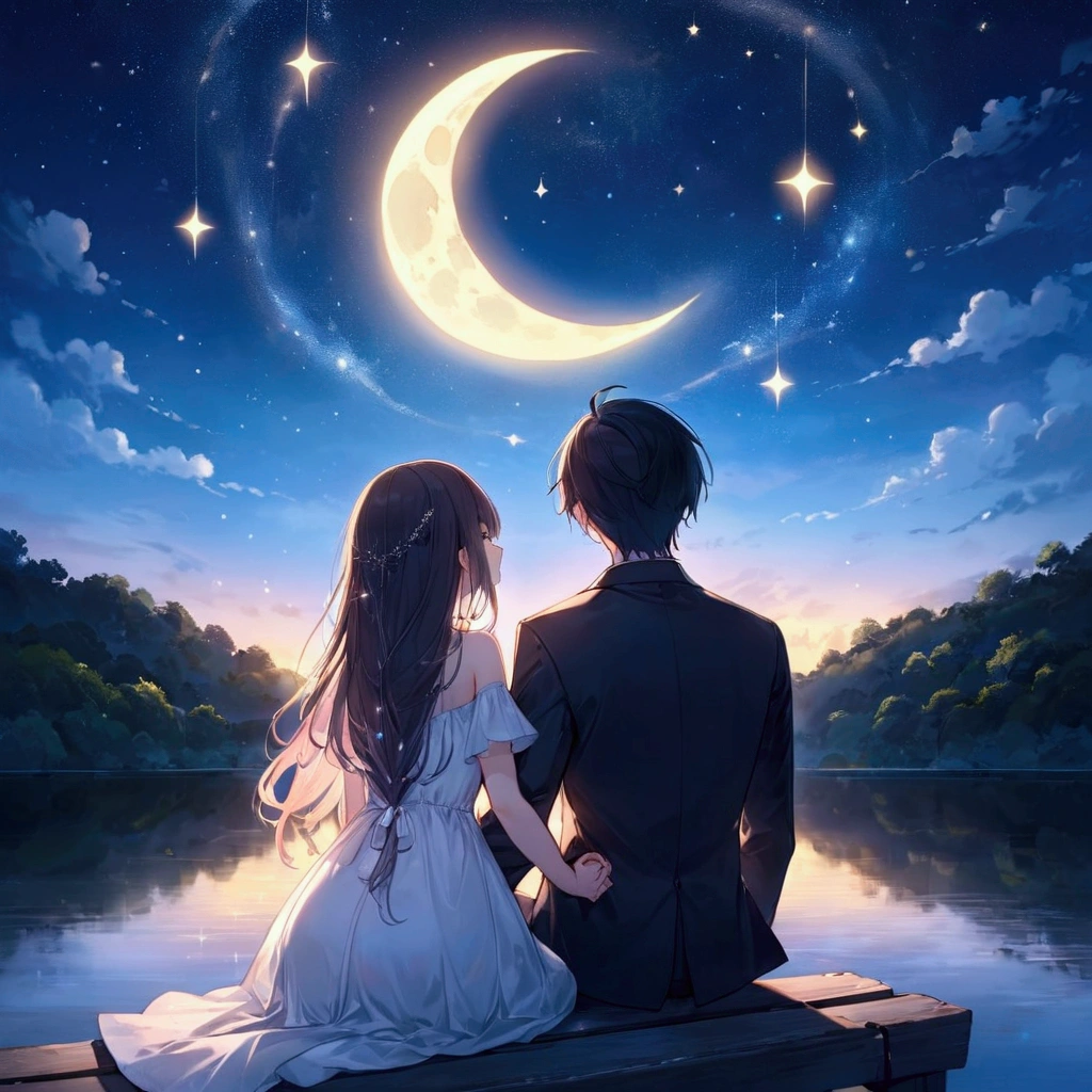Sit on the moon、Sit shoulder to shoulder、next、Hold hands、Get along、and、8k、Night Sky、Luminous crescent moon、Get along手をつないで座っている、Night Skyの星、firefly、Couple、Back view、Sparkle of the Stars、