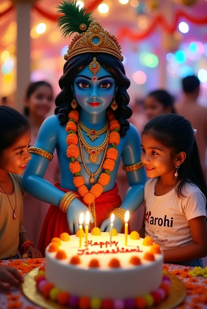 A real image shows Lord Krishna cuttings a birthday round cake on the table which has "Happy Janmashtami" clearly written in big letters, and standing next to him is a real 2 girl wearing a white T-shirt which has "Aarohi" clearly written on T-shirt, the girl is wearing a watch bracelets, stylish black hair, the two are in a love temple, the temple is decorated with beautiful lights and balloons. make name must be visible.