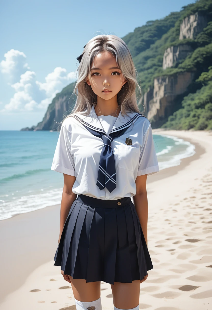 ((masterpiece)), ((best quality)), ((highres)), ((extremely detailed CG unity 8k wallpaper)), solo, tachibana kanade, tan school uniform, black skirt, white socks, outdoors, face, curtained hair, beach, parted hair, silver hair