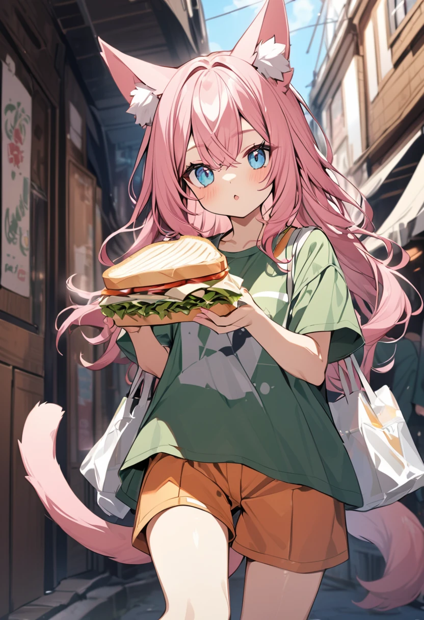 Beautiful girl with wavy pink hair, navy blue eyes,fox ears , cat tail orange shorts, green shirt, with a sandwich in hand
