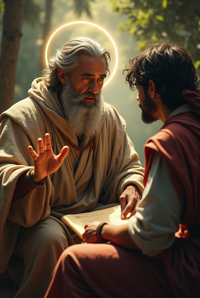 Ancient philosopher explaining his philosophy to a person 