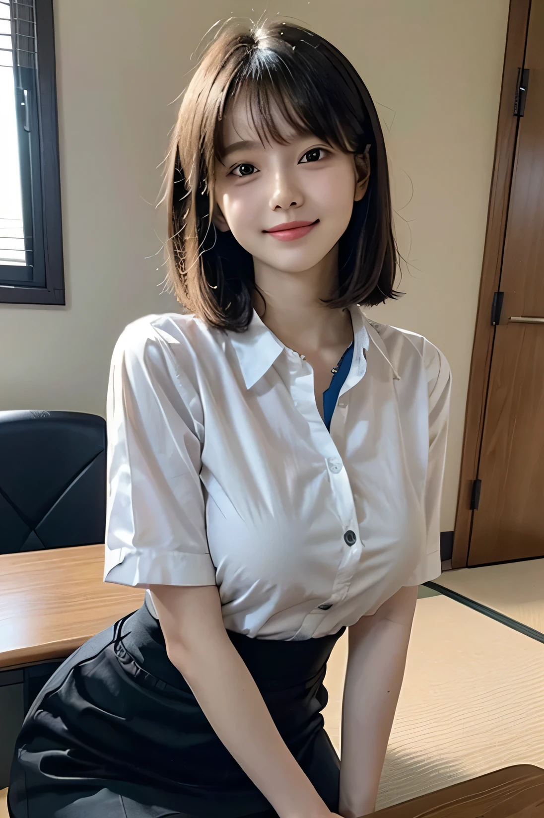 ((​masterpiece))、((top-quality))、a picture、Realisticity、high-level image quality、ultra-detailliert、Delicate facial features、short-hair、Realistic backgrounds and accessories、40 years old married woman、Plump body、large and soft chest、Sexy smile、dark office changing room、change into company uniform、On the way to take off the skirt、wide short forward、Facing to the side、
