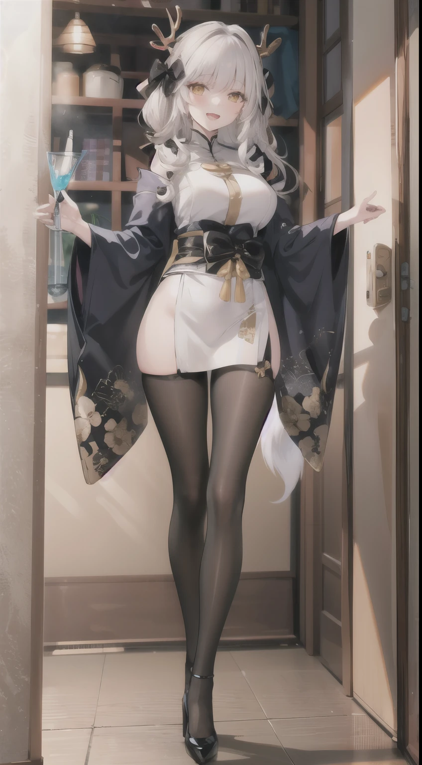 (Extremely detailed CG, best quality:1.1), 1 Girl, Perfect face, smart student, (Delicate and beautiful eyes:1.1), Half closed eyes, Glowing skin, Glowing skin, Wide hips, Willow Waist, Hammerhead, Yellow eyes, trumpet, antlers, Hair accessories, Japanese clothes, Black Kimono, Pantyhose, Black body stockings, bow, :d, Large Breasts, 黑色High heel, whole body, permanent, Triangular legs,   ，Fox Girl，Huge breasts，High heel