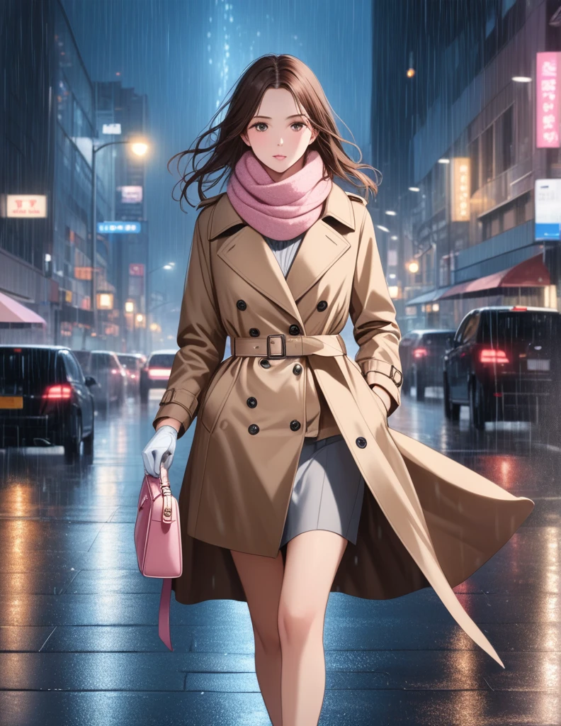 Masterpiece, hd, 1girl with long brown hair wearing a fully buttoned up closed and beige belted buckle knee-length trench coat with a tucked up large pink winter wool scarf and white gloves carrying her large pink purse blown by the hard wind at the hard rainy night city street full body 8k)