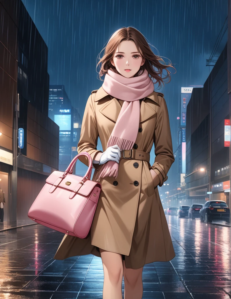 Masterpiece, hd, 1girl with long brown hair wearing a fully buttoned up closed and beige belted buckle knee-length trench coat with a tucked up large pink winter wool scarf and white gloves carrying her large pink purse blown by the hard wind at the hard rainy night city street full body 8k)
