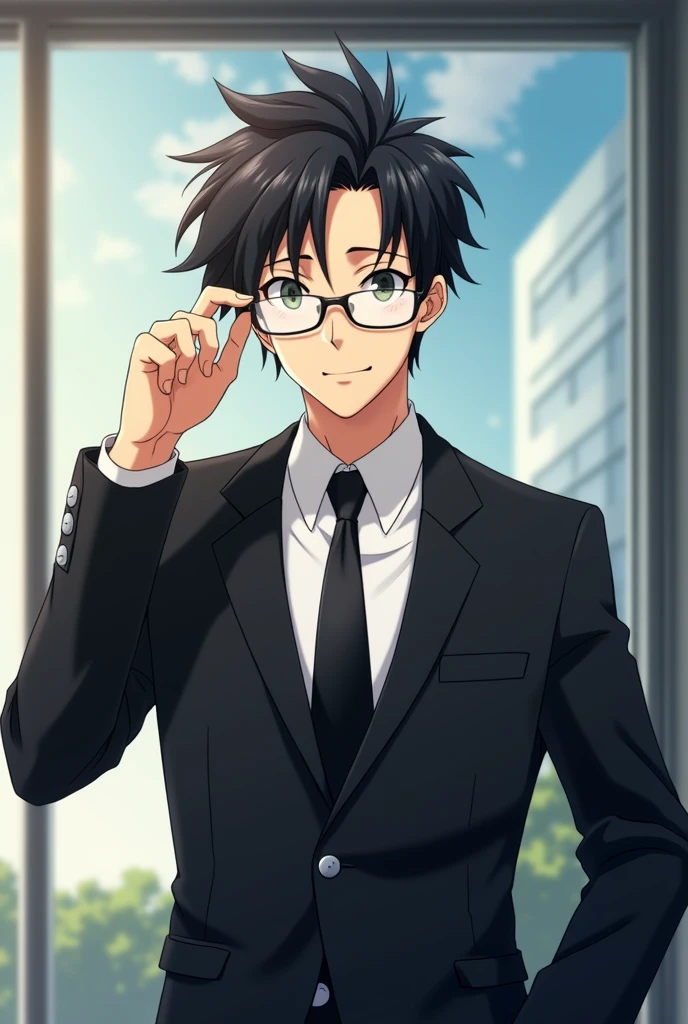 Man, black suit, glasses, company background, businessman, kind face, skinny, anime style, holding glasses with index finger of right hand, Japanese, facing straight ahead, big bangs hanging down