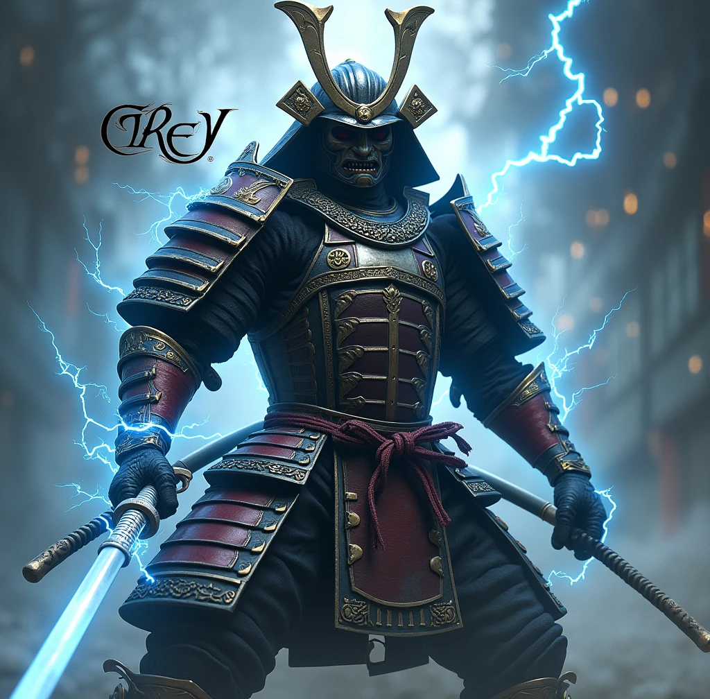 Pour créer l'image réaliste comme une photographie, imaginez un guerrier, vêtu d'une armure de samouraï brillante, une casque démoniaque qui raconte son passé. Il tien un katana japonai dans une posture offensive. Autour de lui, de l'électricité enveloppe son corps qui accentuent sa présence unique et puissante. L'arrière-plan contient son nom " Grey " en lettre gothique, dans un univers chaotique. Cette composition évoque à la fois la force et la singularité de ce personnage fascinant.