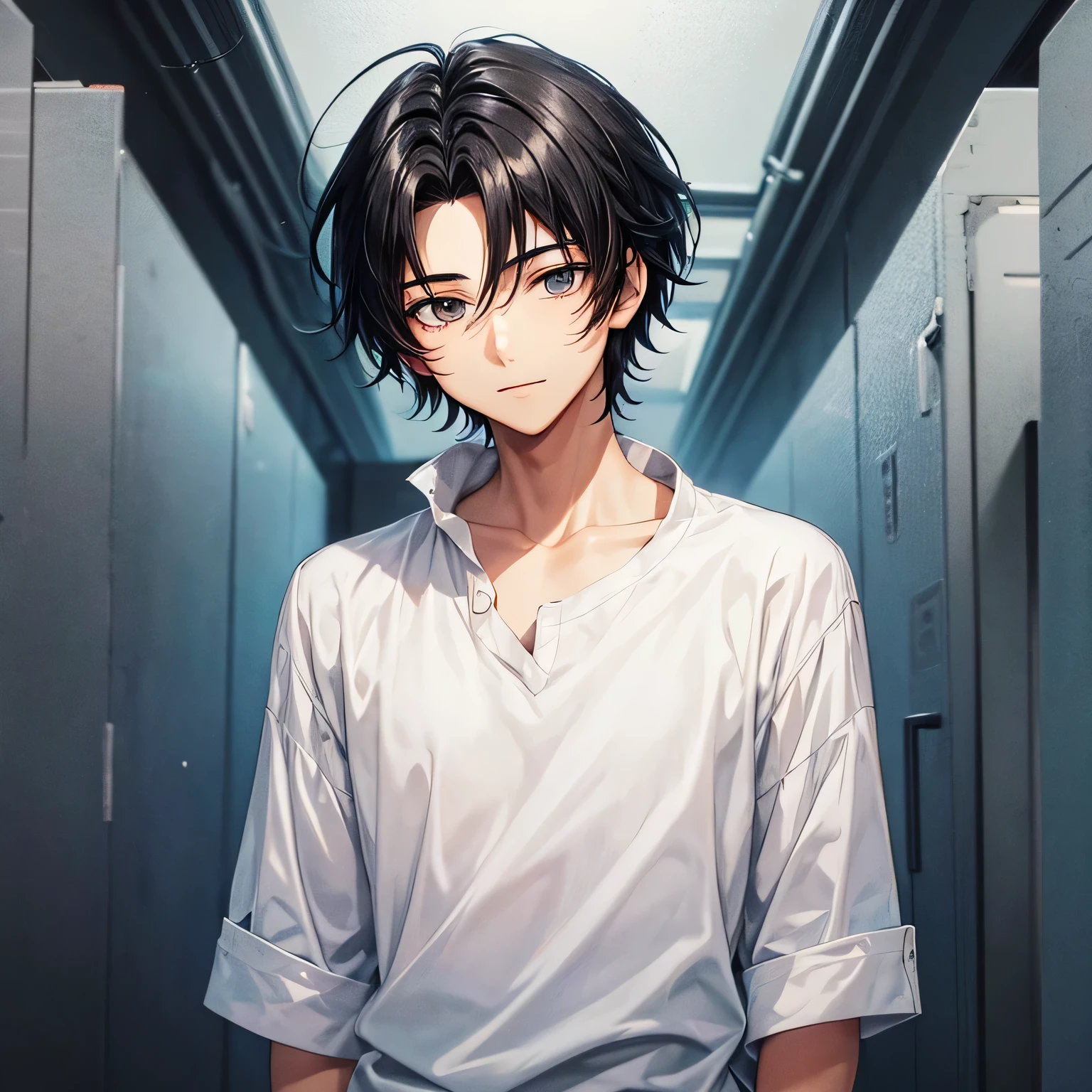 An anime-style illustration of a young man in his late teens or early twenties, from the shoulders up.	
He has short, slightly tousled black hair and a soft, gentle face.	
He wears a white shirt with a collar.	
His eyes are large and expressive, with a calm and somewhat melancholy expression.	
The overall style is clean and minimalist, with soft tones and an anime-inspired aesthetic.	
inspired aesthetic, subtle details and smooth lines.	
Smile, no background	