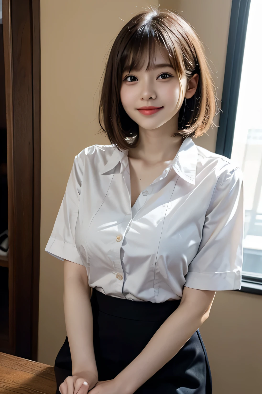 cowboy shot, masterpiece, top quality, high resolution, HDR, 8k, very beautiful Japanese girl in casual office shirt, black skirt, short hair, curly hair, black hair, bangs, ((big breasts)), concentrated face, smile, happy, random pose, perfect