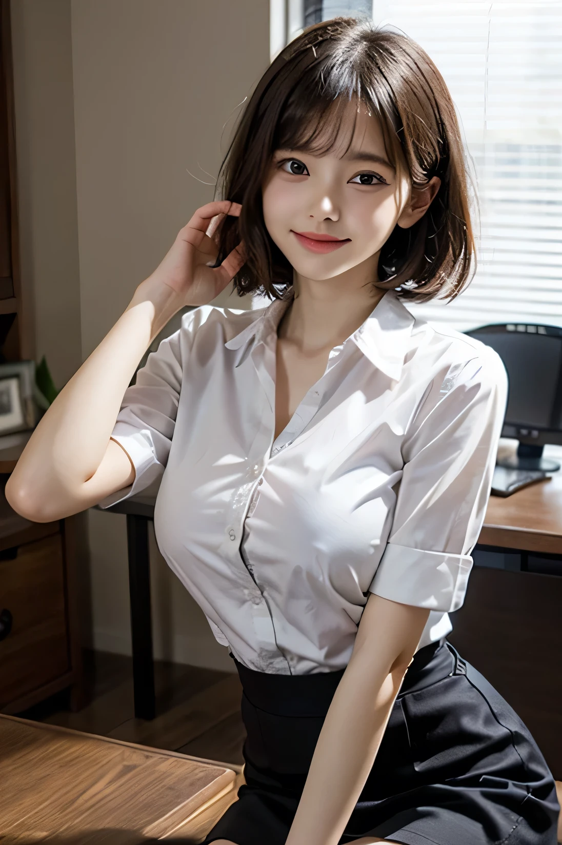 cowboy shot, masterpiece, top quality, high resolution, HDR, 8k, very beautiful Japanese girl in casual office shirt, black skirt, short hair, curly hair, black hair, bangs, ((big breasts)), concentrated face, smile, happy, random pose, perfect