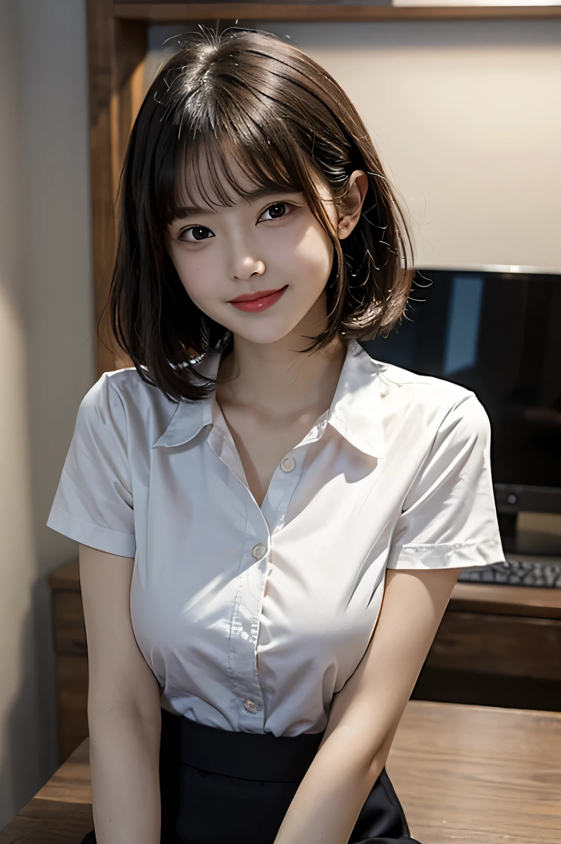 cowboy shot, masterpiece, top quality, high resolution, HDR, 8k, very beautiful Japanese girl in casual office shirt, black skirt, short hair, curly hair, black hair, bangs, ((big breasts)), concentrated face, smile, happy, random pose, perfect