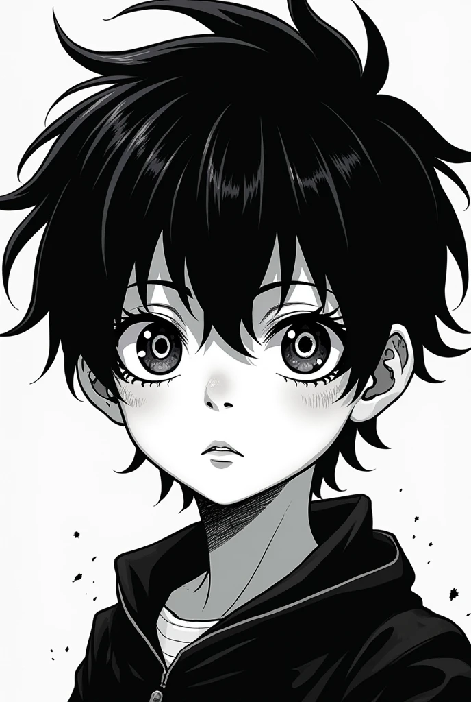 Black haired boy with three eyes, black and white manga style