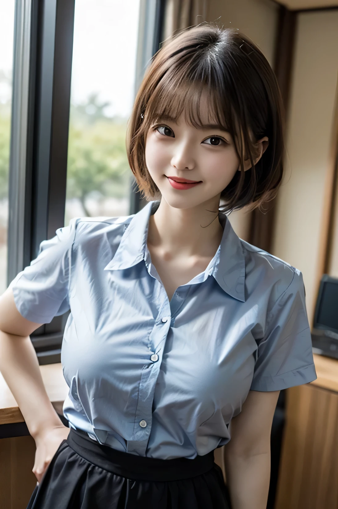 cowboy shot, masterpiece, top quality, high resolution, HDR, 8k, very beautiful Japanese girl in casual office shirt, black skirt, short hair, curly hair, black hair, bangs, ((big breasts)), concentrated face, smile, happy, random pose, perfect