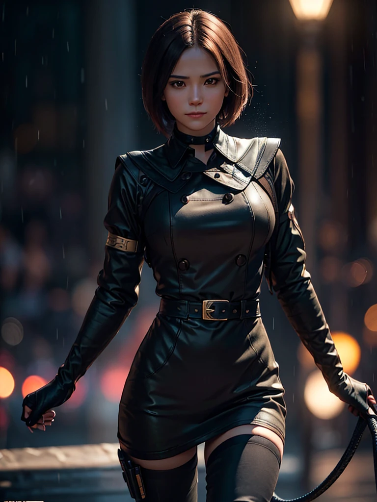 (at night), in a video game scene in the background of a beautiful city at night, raining, alone, standing looking straight ahead, military green clothing, black gloves, semi-short hair, ((semi-short hair )), 1 girl, 30 years old, young woman, perfect hands, Beautiful fingers, Beautiful long legs, Beautiful body, Beautiful nose, Beautiful character design, perfect face, looking straight at the viewer with a serious and very upset gesture, she is holding her hand a whip in his hand in black color (focusing on his face), closed mouth, light_smile, official art, Extremely detailed CG unity 8k wallpaper, Perfect lighting, bright and colorful front lighting, glowing skin (masterpiece: 1.0), (Best_quality: 1.0), ultra high resolution, 4k, ultra detailed photography, 8K, hdr, High resolution, Nonsense:1.2, Kodak portrait 400, film grain, Background blur, bokeh:1.2, Lens flare, (vibrant_color: 1.2), professional photography, (Beautiful, breasts: 1.4), (Beautiful_face: 1.5), (narrow waist),