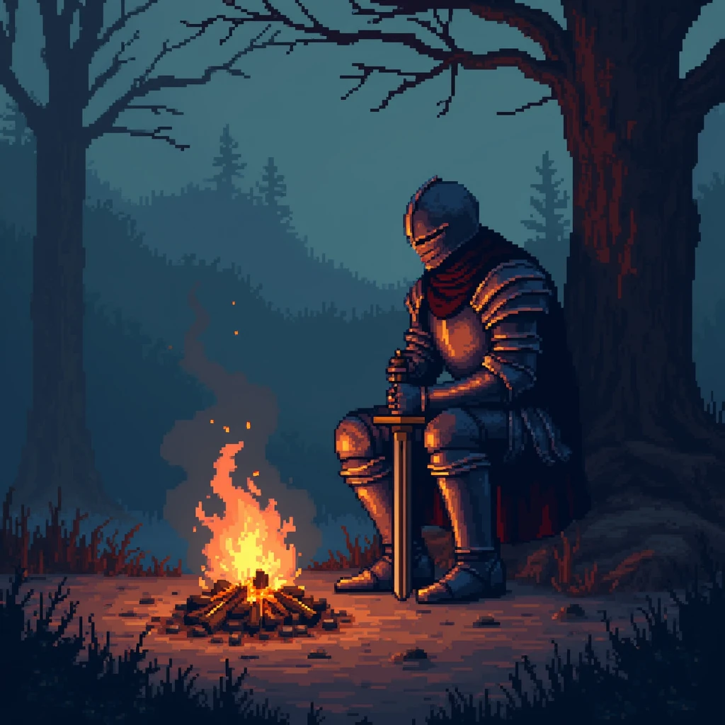 Very early in the morning, a knight in dark medium-heavy armor and a helmet with a sword in both hands sits by a fire in pixel art