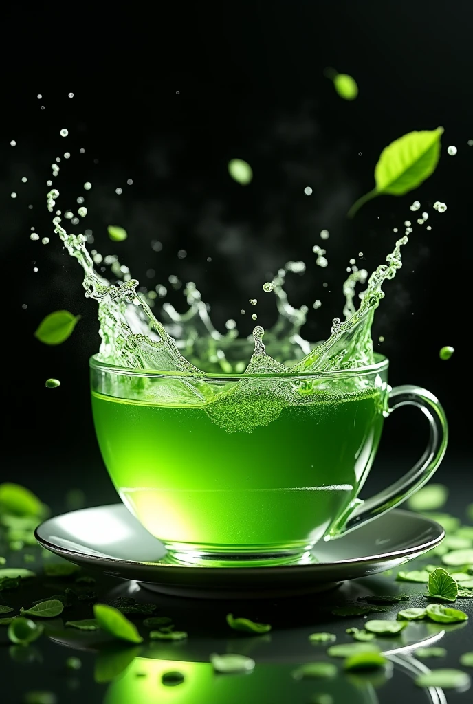 Product Design,(Green tea seen from above:1.5),Drinks from the sky,Water surface close up,Transparent drops,Clear green tea,Silver edge bowl,Transparency、Sense of luxury,A spectacular water splash,Black background,Surrounded by leaves and flowers,Leaves flutter,The water surface splashes violently,steampunk、Light green、It's in a silver bowl,leaves dancing in the air、Japanese tea leaves flying in the air,
Bowl-like vessel、Tea Ceremony、Whirlpools on the water surface,Fantasy,Realistic,Uplifting,
Pottery,