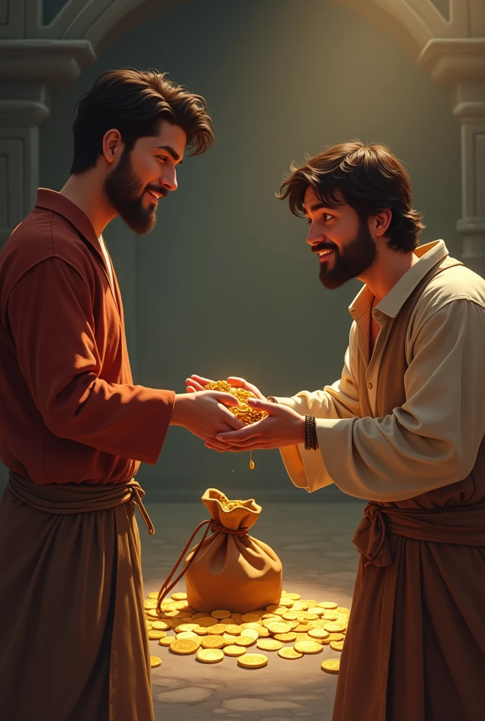 The kind friend, holding a small pouch of gold coins, approaches the selfish man with a sincere expression.
