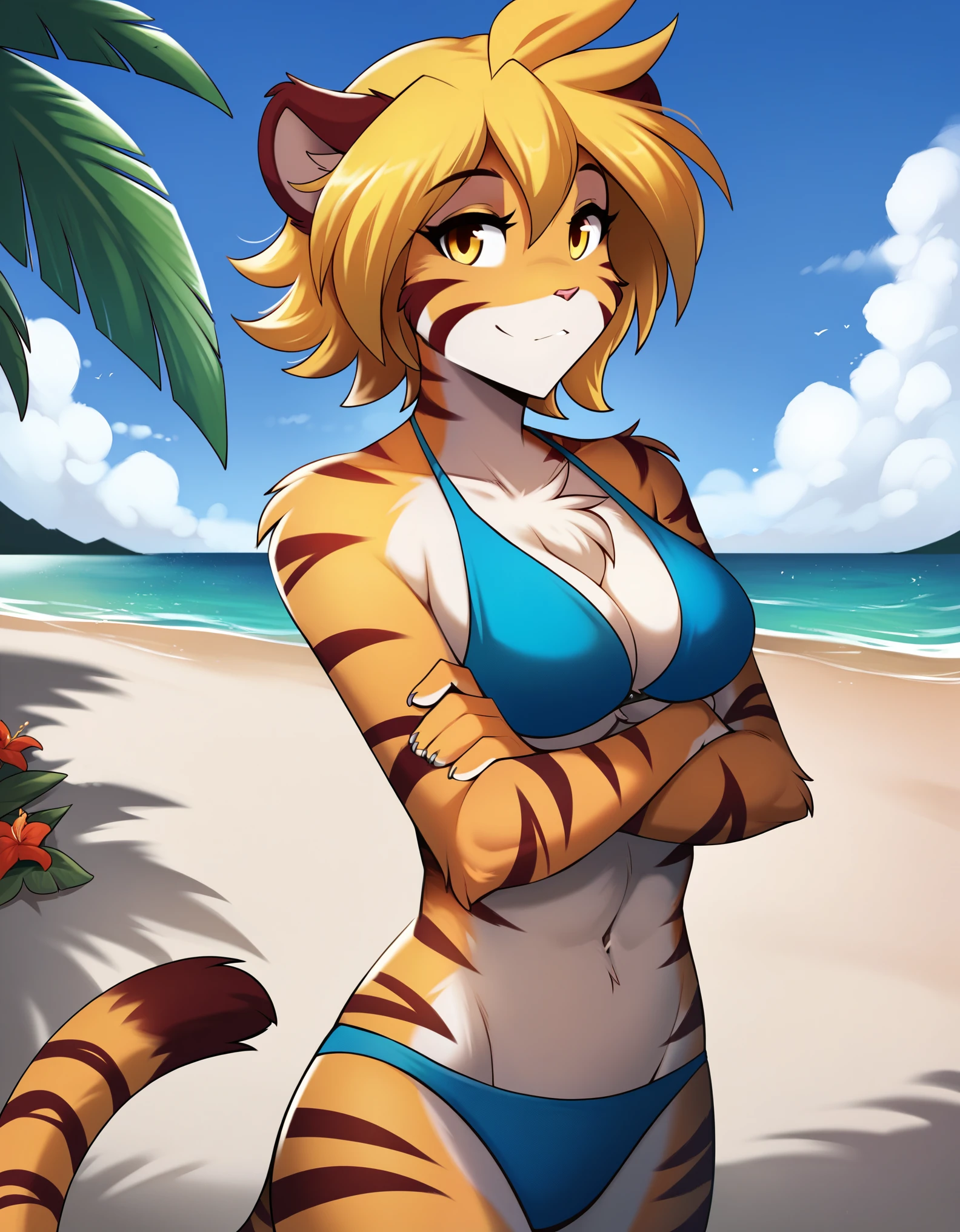 score_9, score_8_up, score_7_up, tomfischbach,, bikini, beach backround, masterpiece, high quality, breasts, furry female, tiger girl, solo, 1 girl, yellow eyes, striped fur, orange skin, FloraXL, Flora (Twokinds),