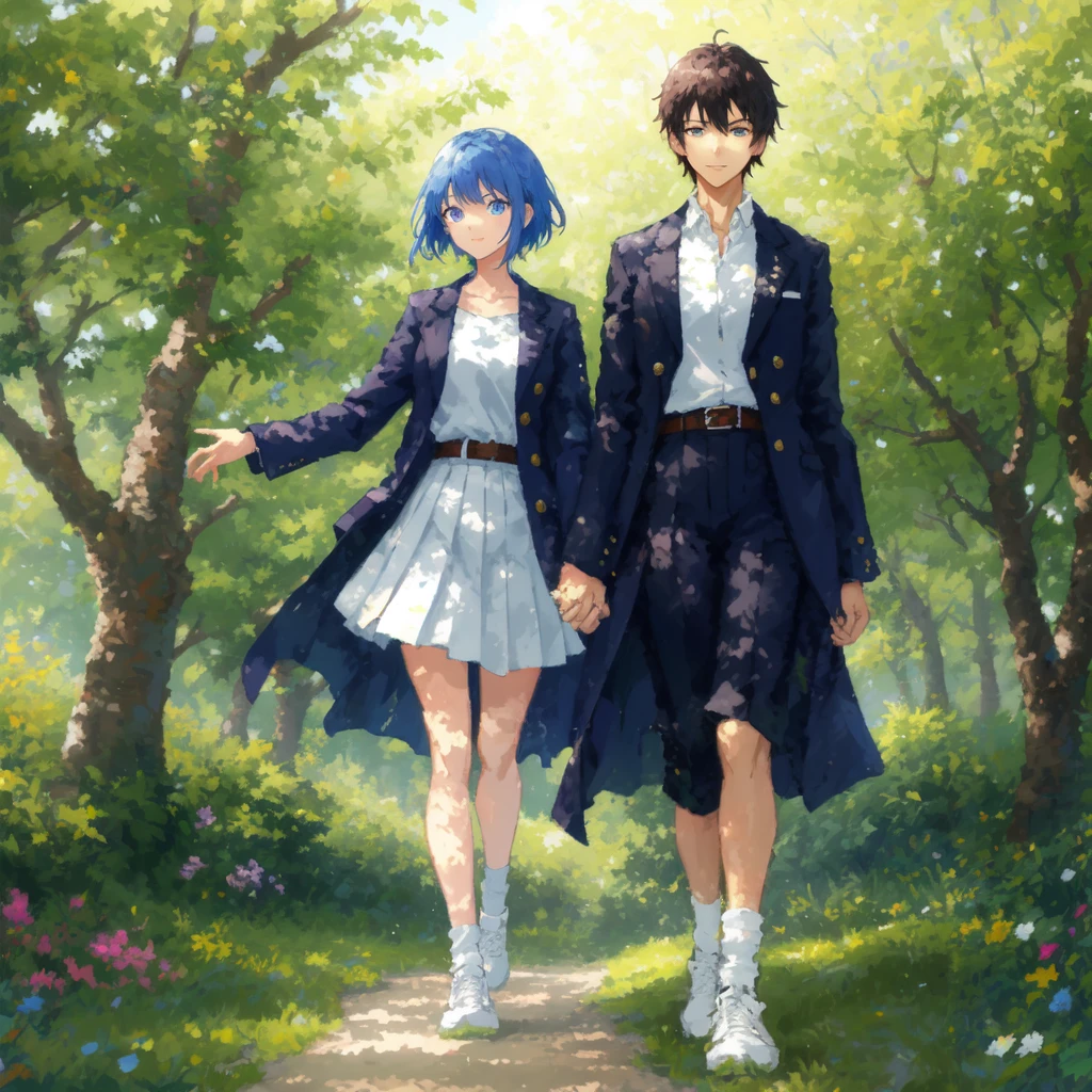 (masterpiece:1.2), (high quality:1.2), anime style, a girl, tall, slender figure, athletic build, deep blue short hair with slightly longer nape, lightly curled ends, side-swept bangs partially covering the right eye, cool grayish-blue eyes with a sharp gaze, elongated face with sharp contours, slightly high cheekbones, well-defined nose, subtle smile, healthy olive skin, casual Japanese school uniform with an open jacket, white shirt with the top button undone, pleated skirt, belt with a charm of a favorite basketball team's logo, white sneakers with a slightly worn look, walking in a daytime park, surrounded by greenery, sunlight filtering through the trees, relaxed atmosphere