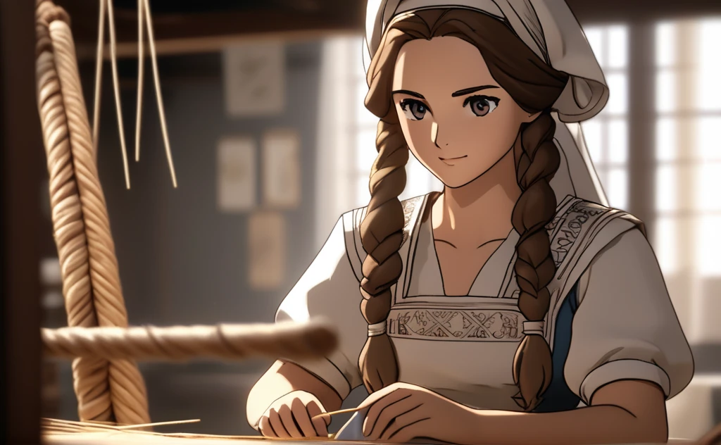 A woman named Jane Foster (Cloth Maker), 2, Long curly brown hair tied in a bun, Bright brown eyes, eyes looking directly at the viewer, Long-sleeved linen dress, apron, and a headscarf, had Silver needle and thread, in front a small loom,3d realistic anime character, extra detailed, cinematic light, dramatic shadows,
Eyes focusing on viewer 