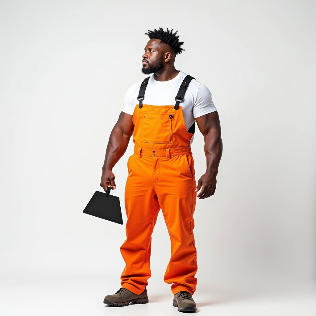Strong Man in White T-shirt and Orange Construction Overalls, holds a triangular construction spatula in one hand, Studio Photography, studio lighting, realistic skin texture and detail, the man stands slightly sideways, background white uniform, The photo was taken from the waist up