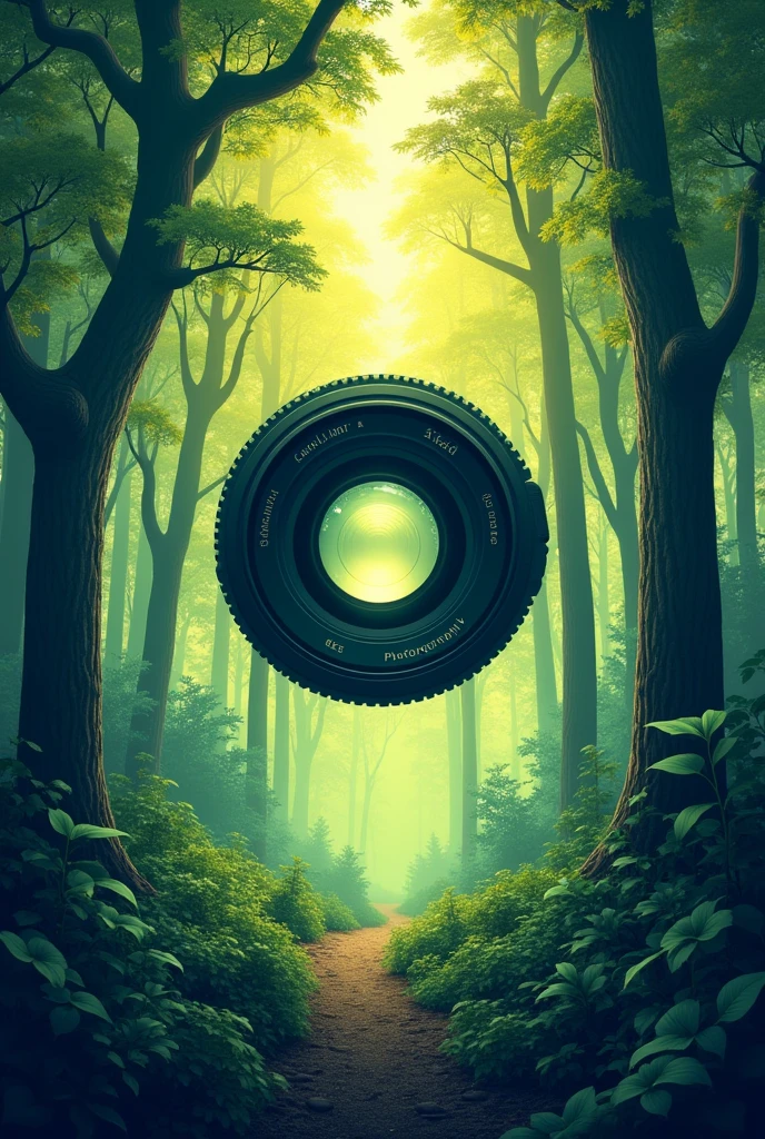 Create a poster with the title of the forest photography competition at the top with the camera focus in the middle and the forest planting activity at the bottom.