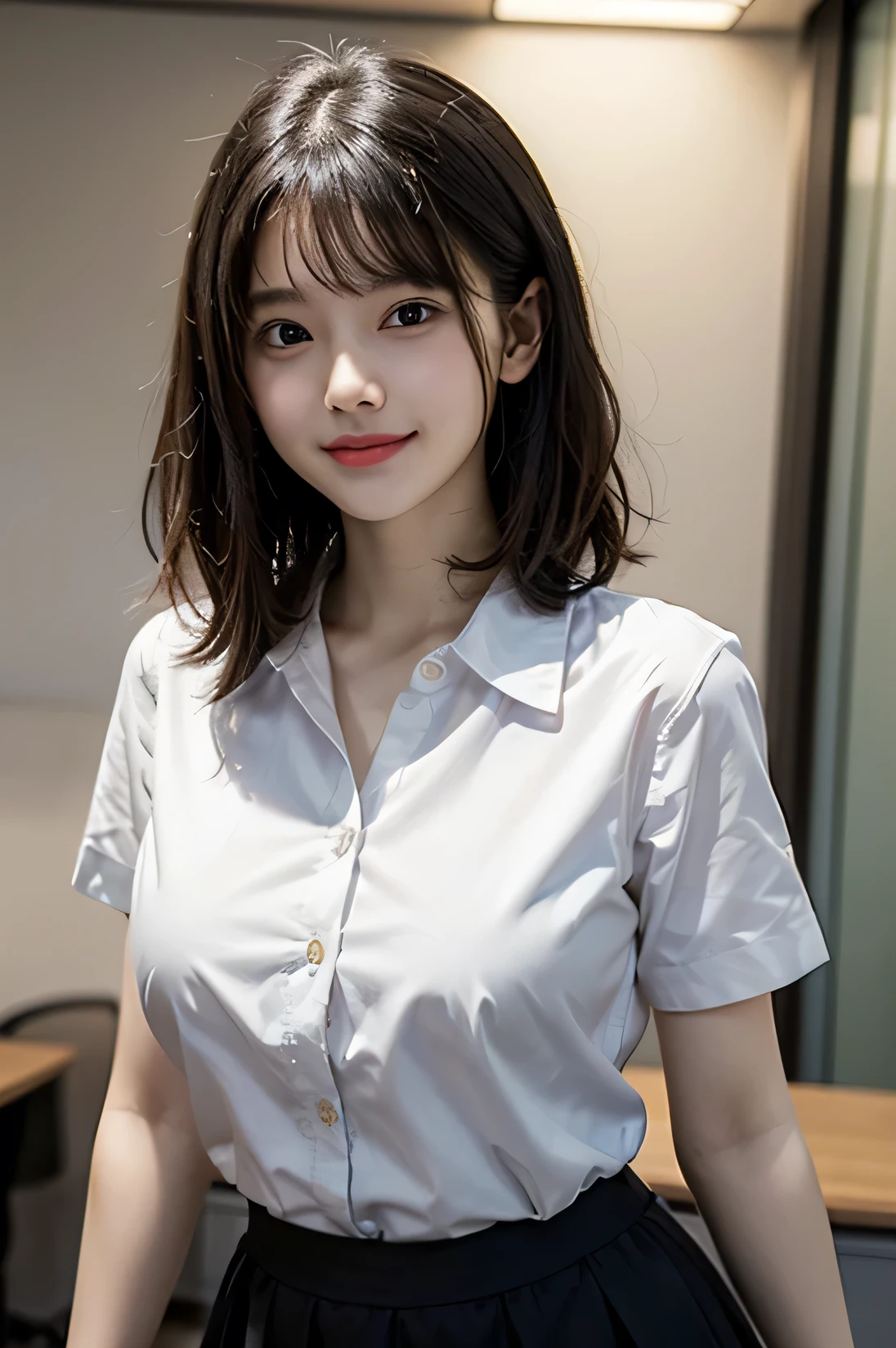 cowboy shot, masterpiece, top quality, high resolution, HDR, 8k, very beautiful Japanese girl in casual office shirt, black skirt, short hair, wavy hair, black hair, bangs, ((big breasts)), concentrated face, smile, happy, random pose, perfect