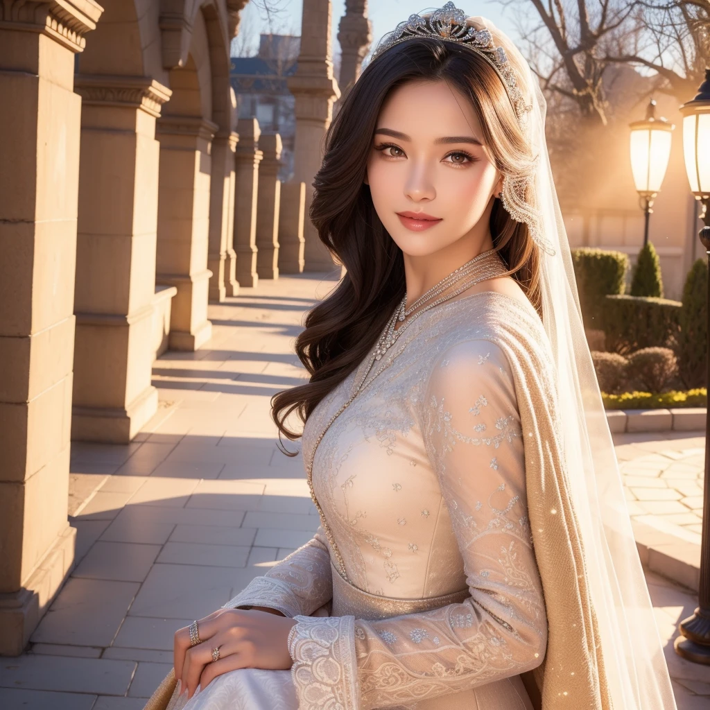 1girl, beautiful young woman, royal bride outfit, detailed face, alluring eyes, full lips, outdoor setting, selfie, soft lighting, warm colors, (best quality,4k,8k,highres,masterpiece:1.2),ultra-detailed,(realistic,photorealistic,photo-realistic:1.37),cinematic,beautiful detailed eyes,beautiful detailed lips,extremely detailed face and eyes,long eyelashes,intricate clothing textures,elegant posing,warm smile,romantic atmosphere